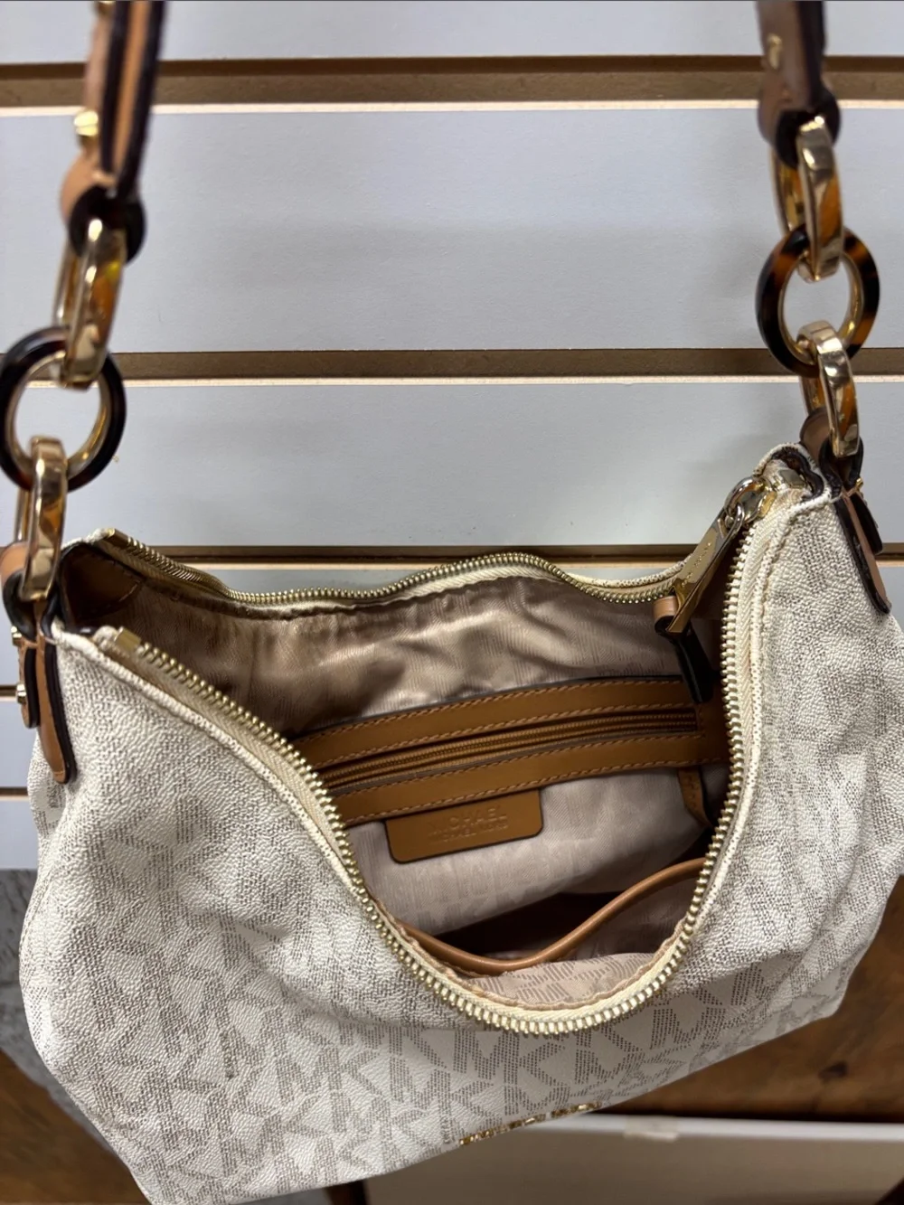Michael Kors Cream and Brown MK Logo Shoulder Hobo
